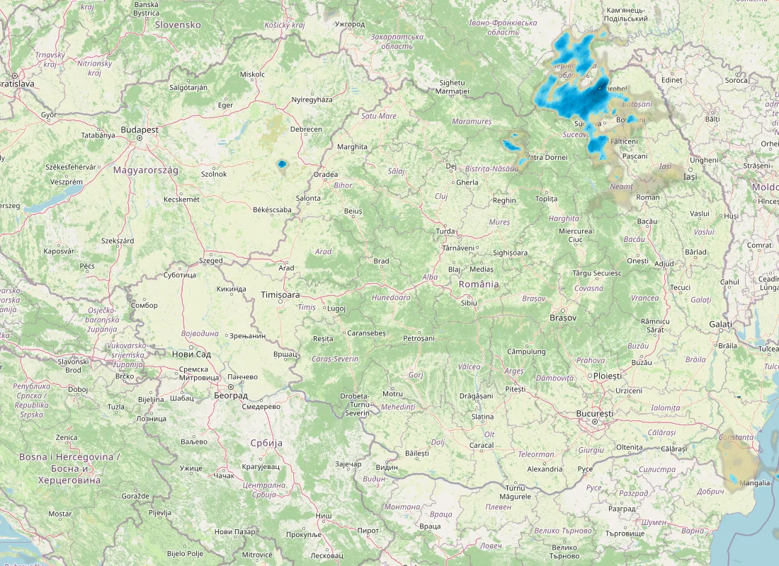 Hartă radar RainViewer cu precipitațiile din România pentru buletinul Meteo agricol România de la ora 12:00.