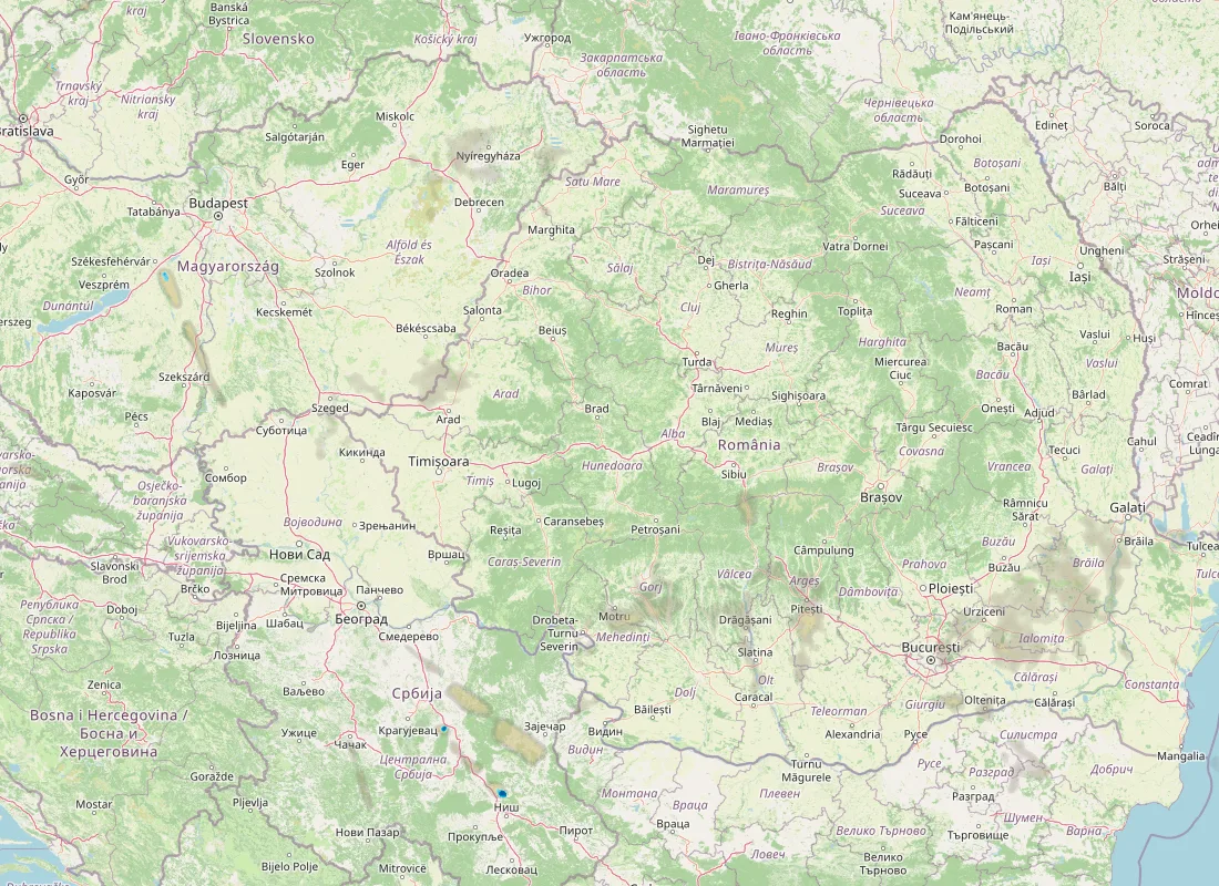 Hartă radar RainViewer cu precipitațiile din România pentru buletinul Meteo agricol România de la ora 21:00.