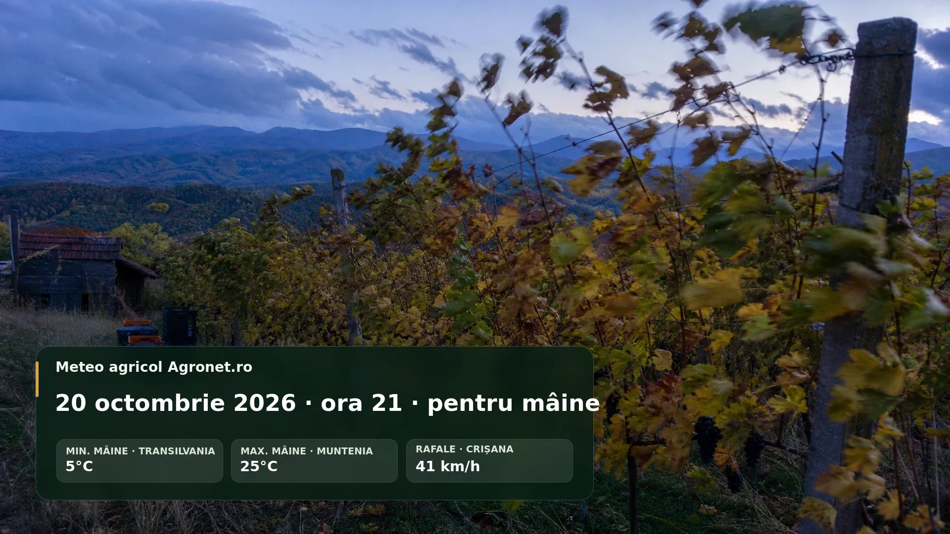 Utilaj agricol pe teren de toamnă, cu cer senin și vânt în zona montană