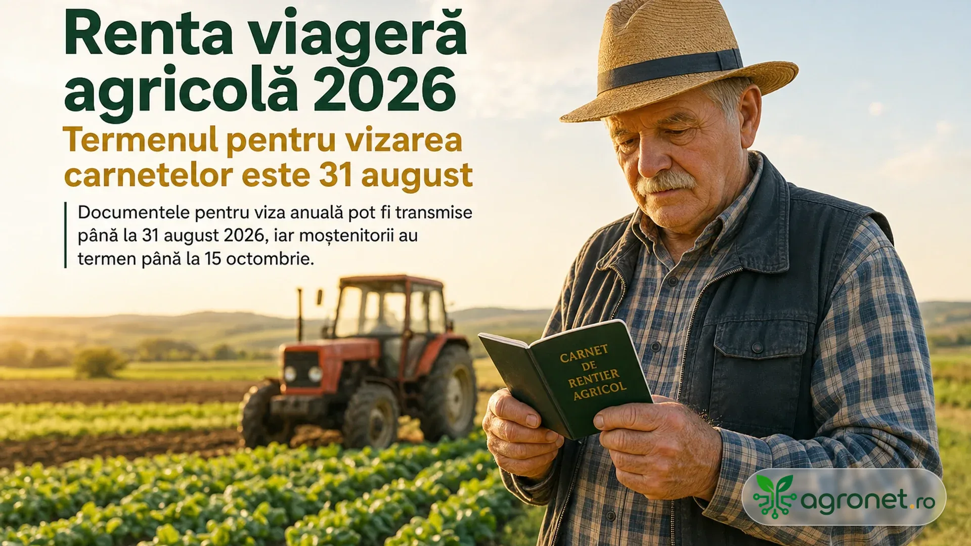 Bărbat vârstnic într-un câmp agricol, ținând un carnet, cu un tractor în fundal.