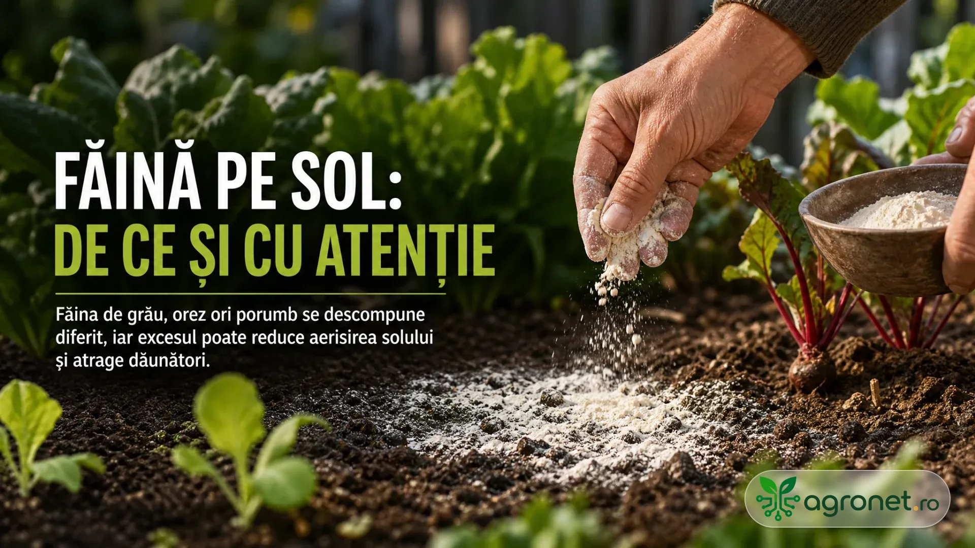 Mână care presară făină pe pământ, lângă răsaduri și frunze de legume într-o grădină.