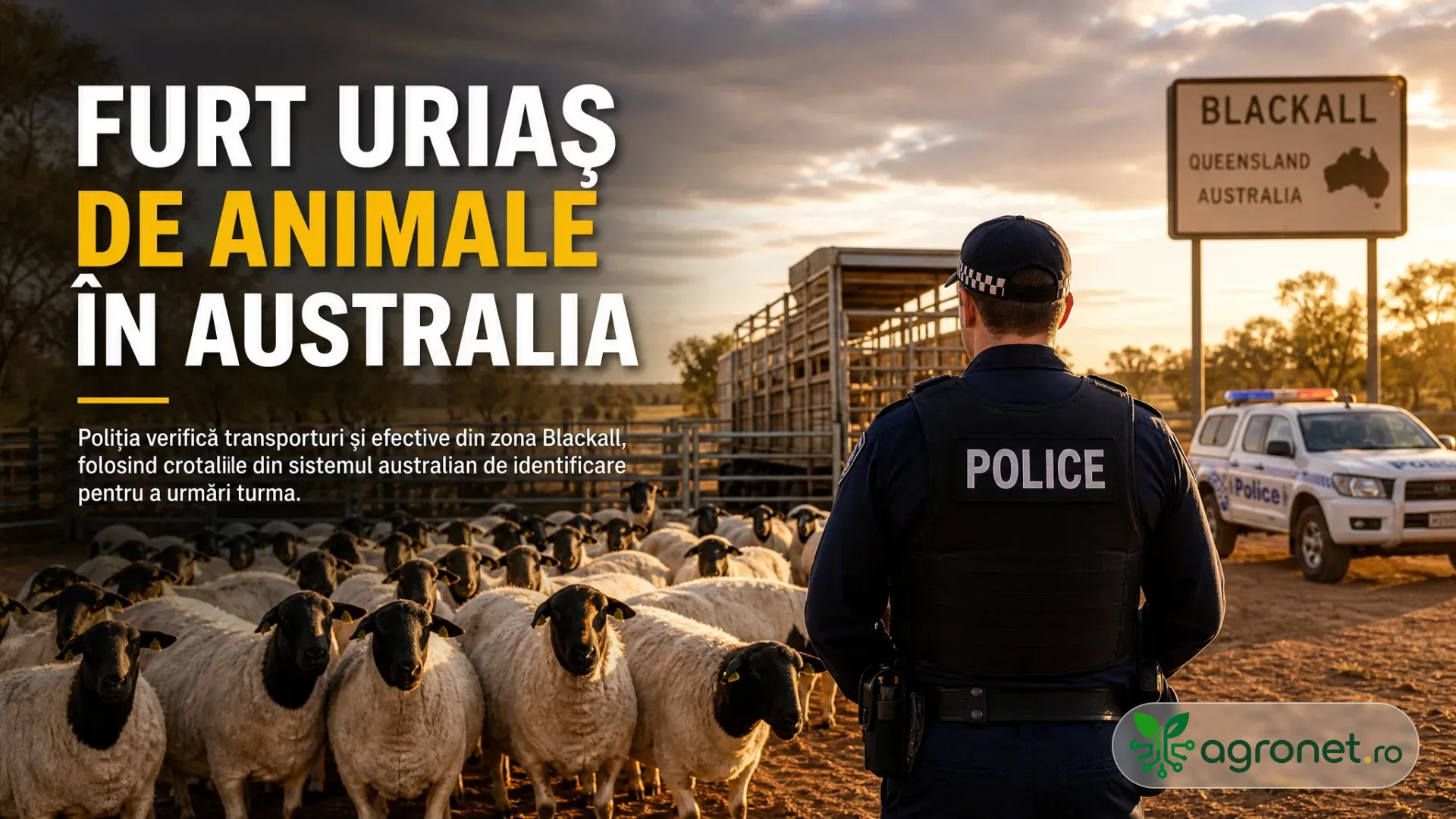 Un polițist privește o turmă de oi lângă un camion pentru animale și o mașină de poliție, pe un drum rural la apus.