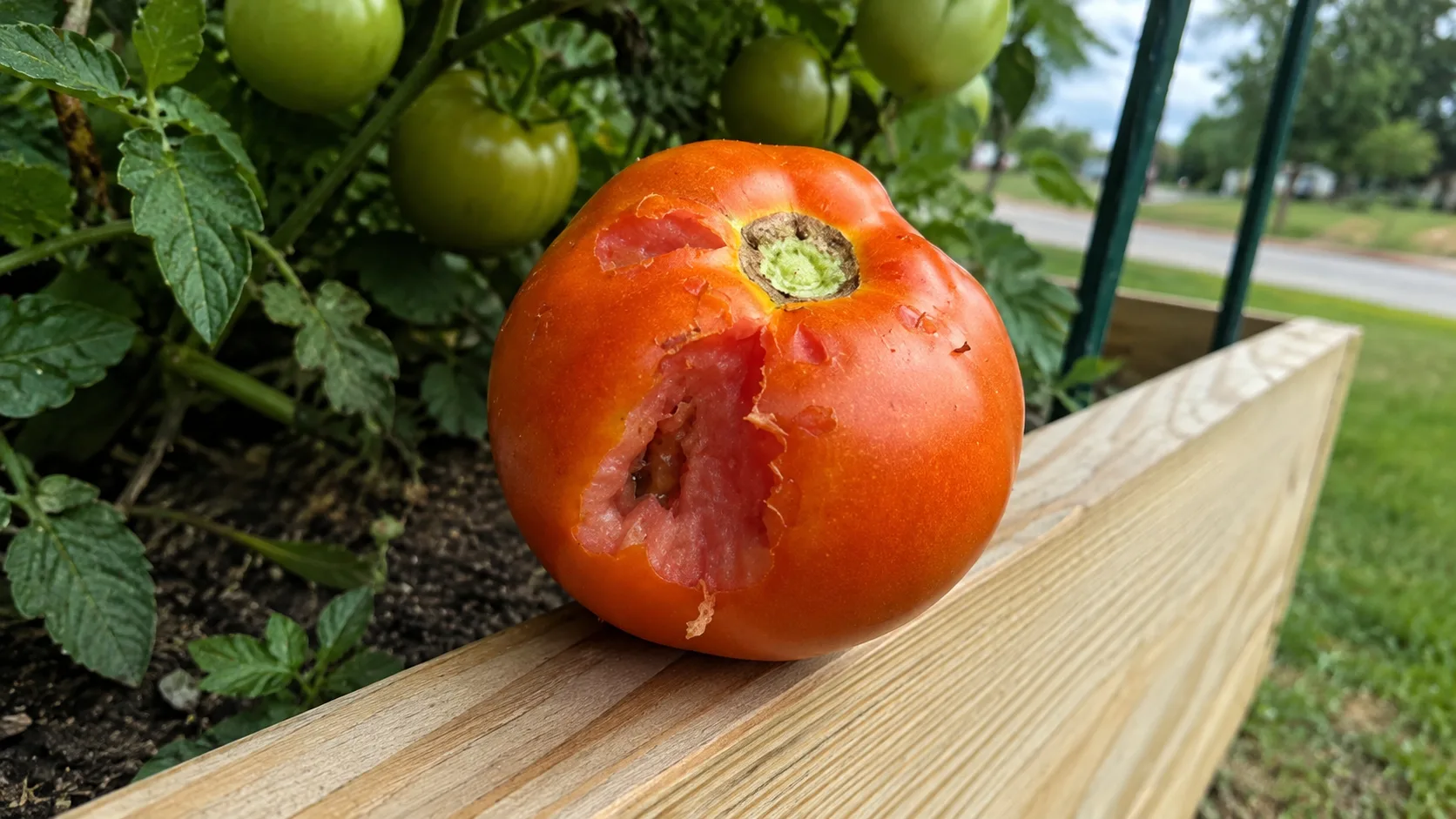 Tomată mare coaptă, pe marginea stratului, cu rană laterală