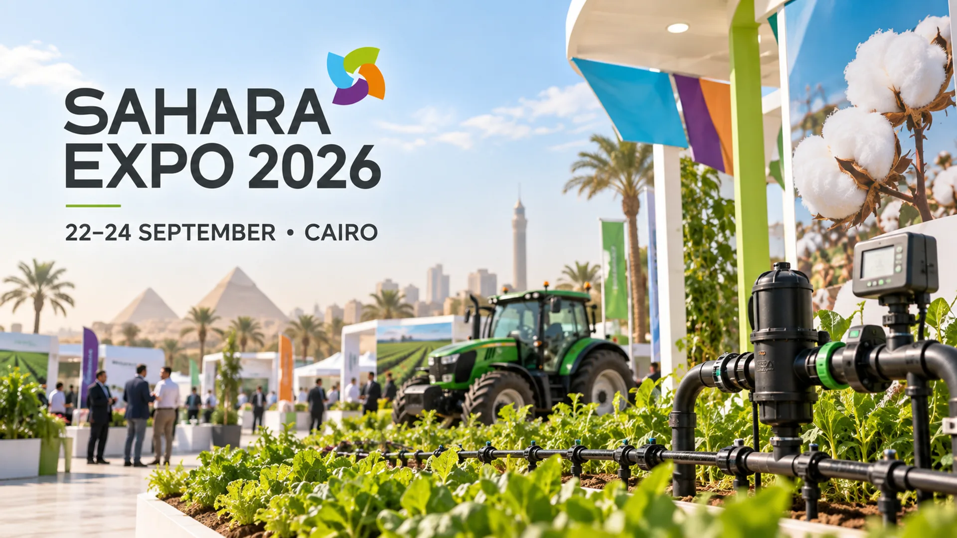 Stand expozițional agricol cu sistem de irigații, tractor, plante cultivate și bumbac, pe fundal urban cu palmieri.