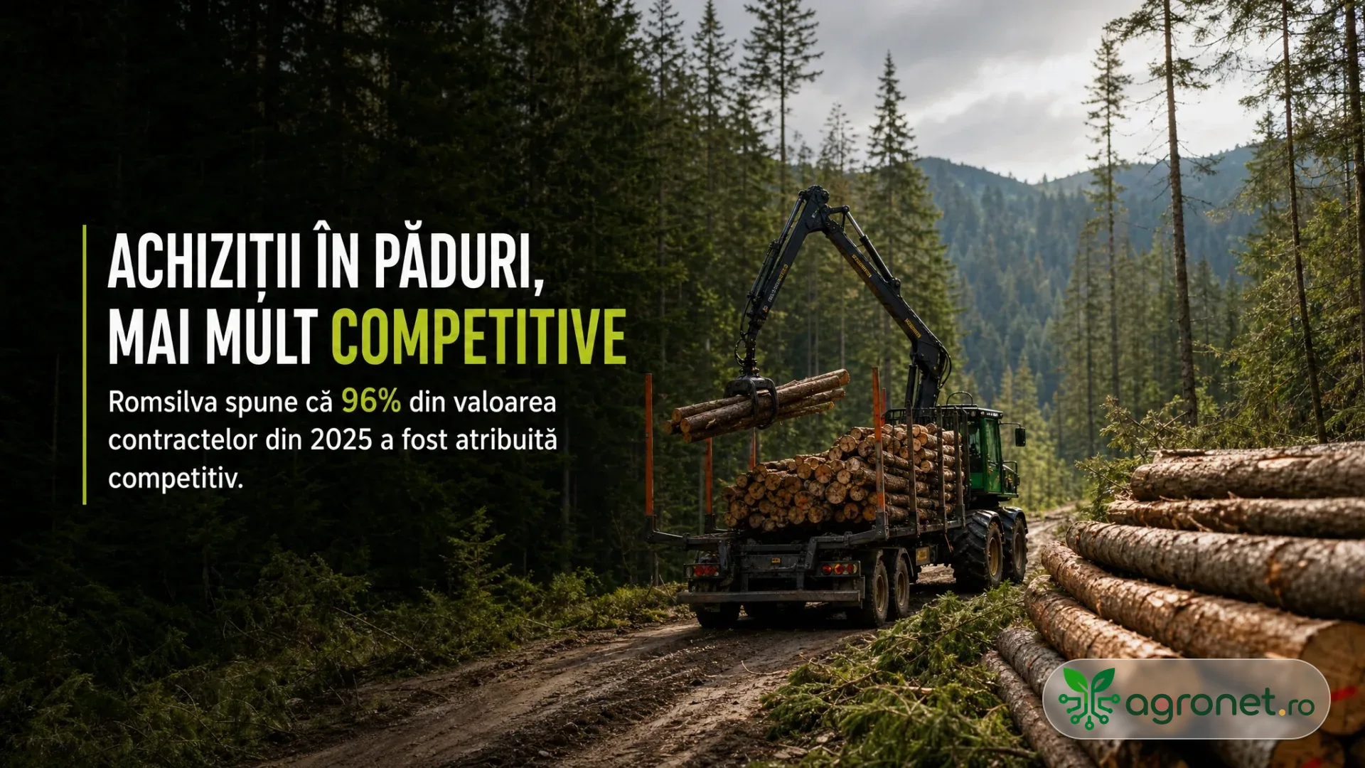 Camion forestier cu macara încărcând bușteni pe un drum de munte, lângă stive de lemn și pădure de conifere.