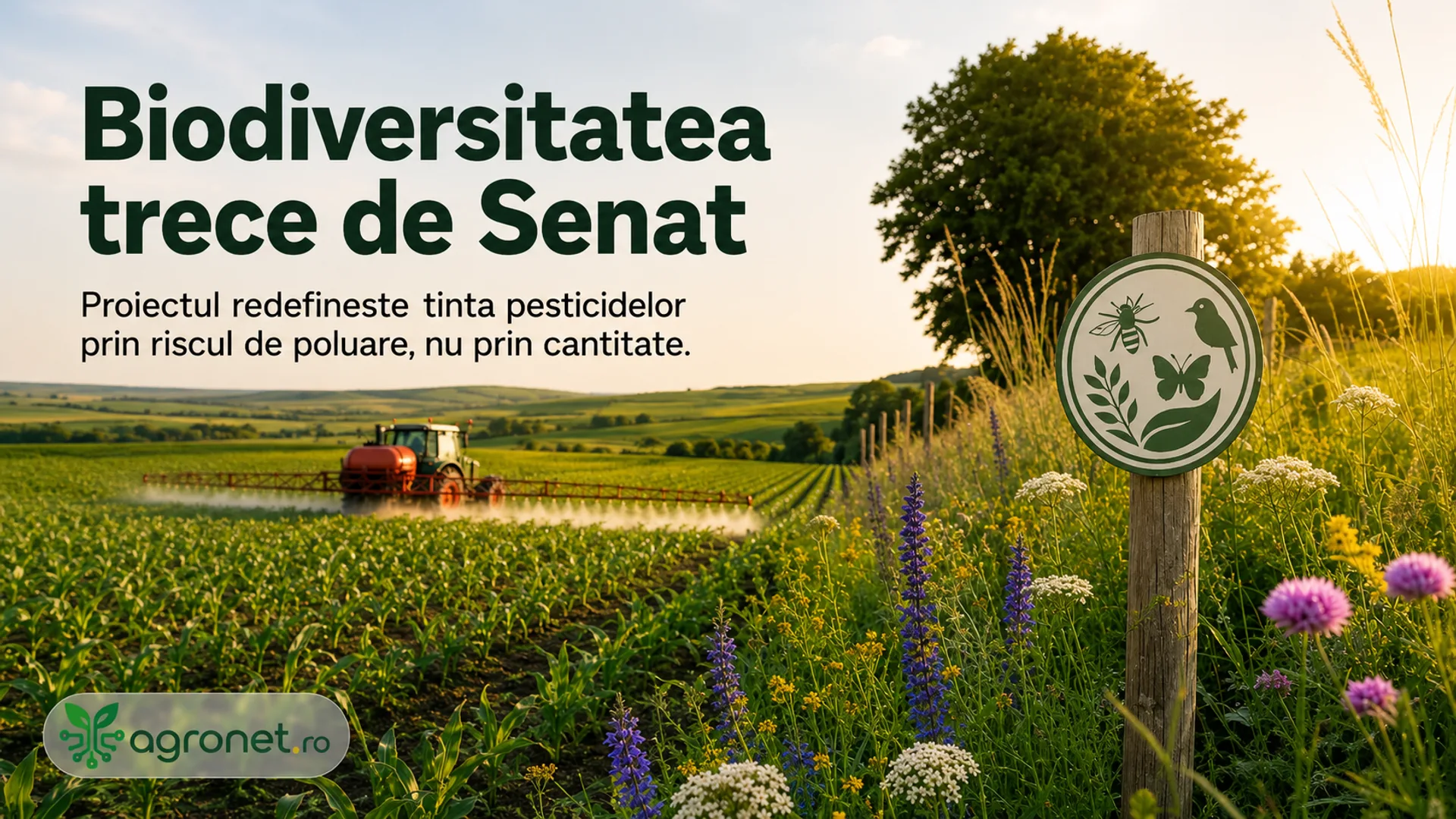 Tractor cu rampă de stropit pe un câmp cultivat, lângă o margine cu flori sălbatice și un panou cu simboluri de biodiversitate.