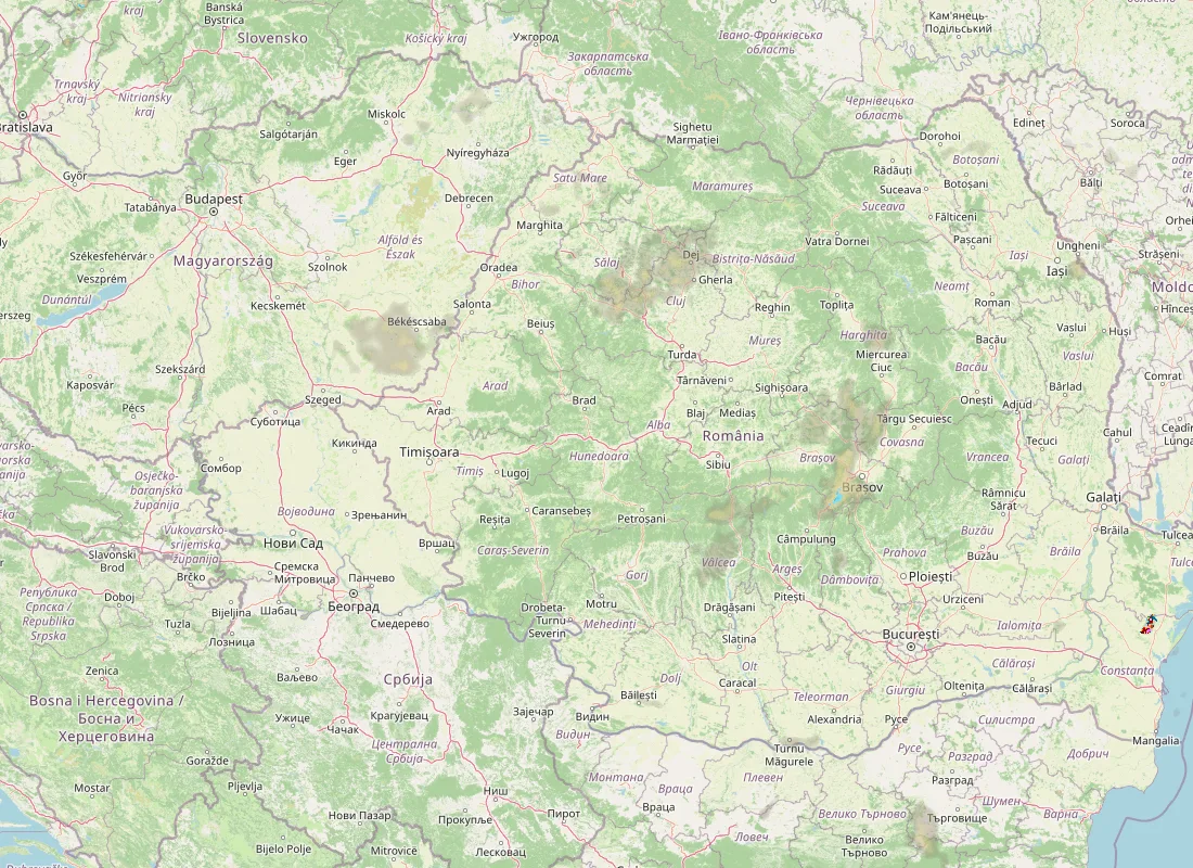 Hartă radar RainViewer cu precipitațiile din România pentru buletinul Meteo agricol România de la ora 05:00.