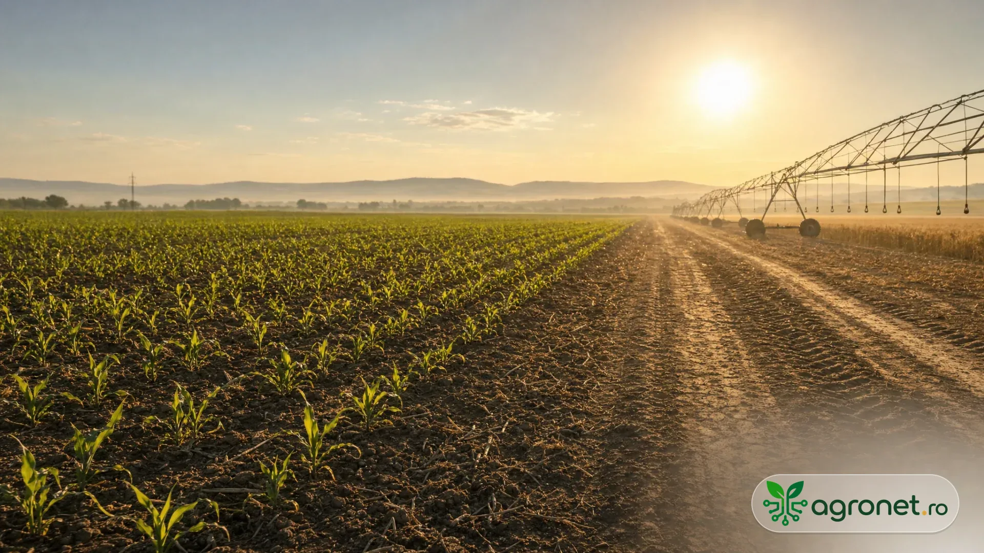 Câmp agricol în lumina dimineții, înainte de începerea lucrărilor.