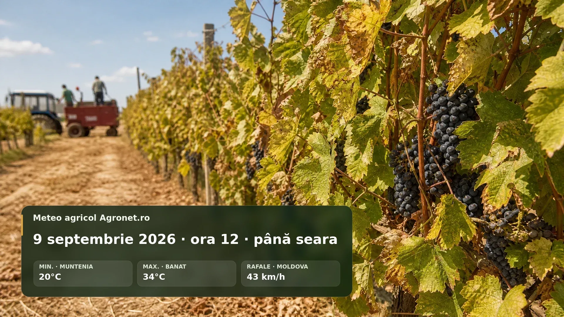 Câmp agricol însorit în septembrie, cu utilaj pregătit pentru lucrări de toamnă