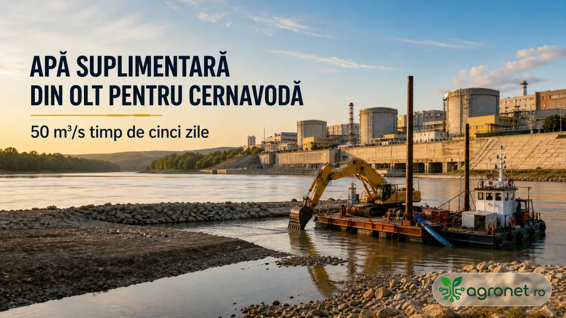 Utilaj de excavare pe o platformă plutitoare, lângă un mal pietros și o instalație industrială aflată pe malul unui fluviu.