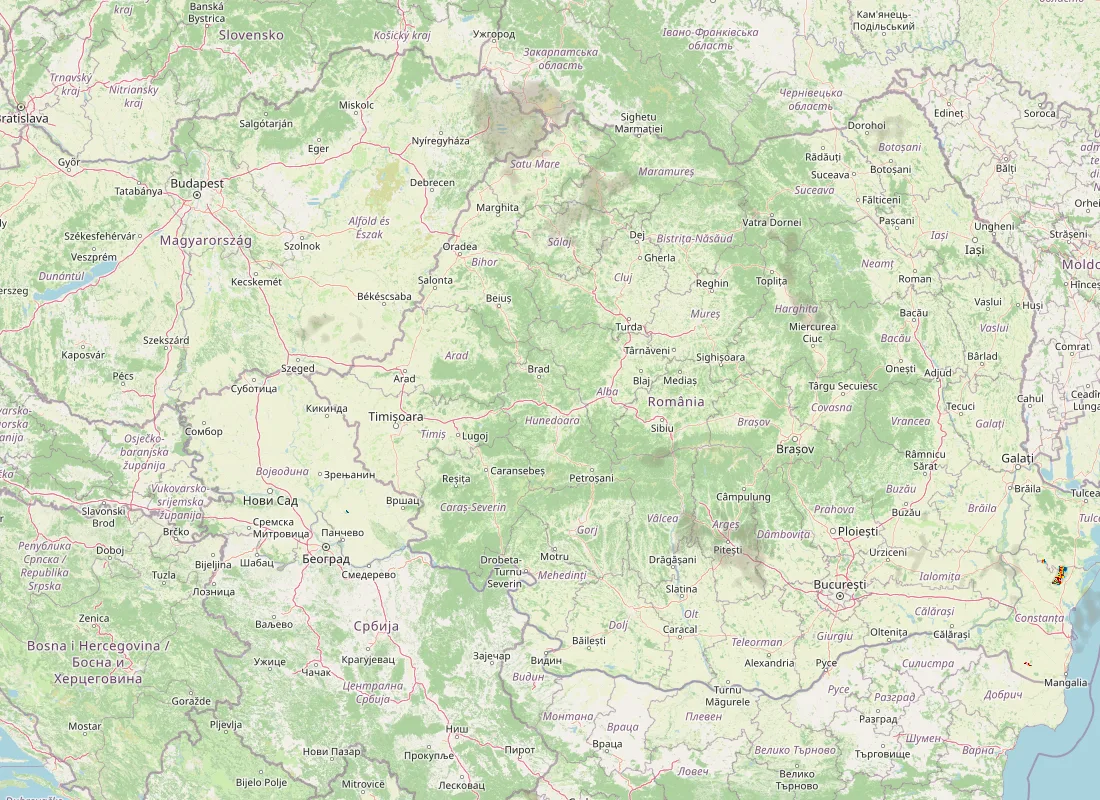 Hartă radar RainViewer cu precipitațiile din România pentru buletinul Meteo agricol România de la ora 05:00.