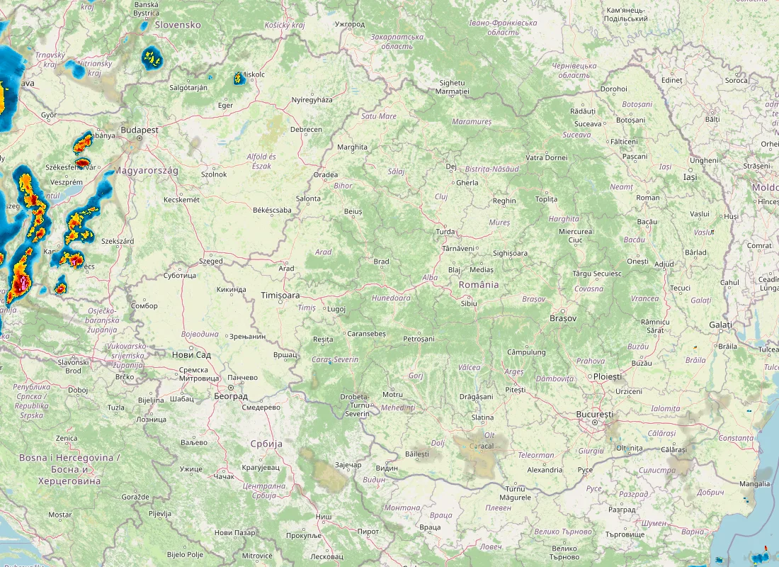 Hartă radar RainViewer cu precipitațiile din România pentru buletinul Meteo agricol România de la ora 21:00.