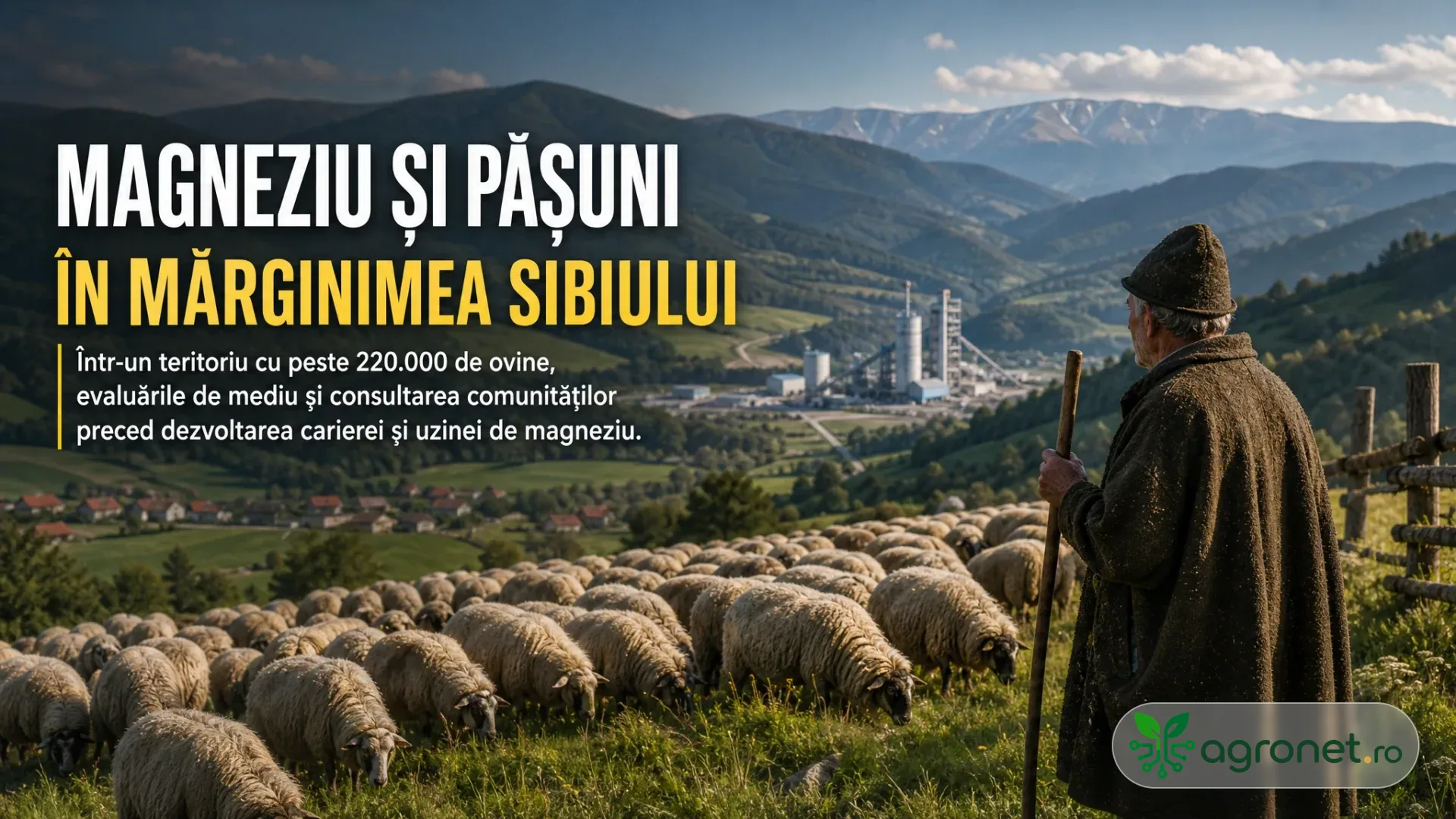 Cioban cu toiag lângă o turmă de oi pe o pășune de deal, cu munți și o zonă industrială în vale.