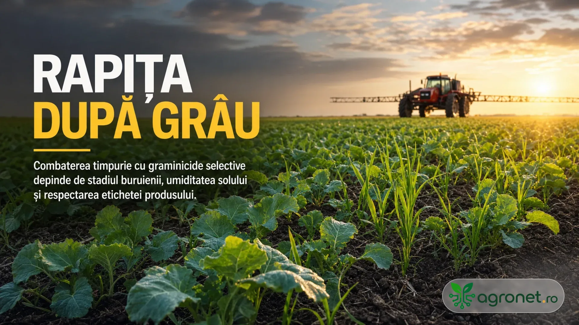 Cultură tânără de rapiță cu buruieni graminee printre rânduri și un utilaj de erbicidat în fundal, la apus.