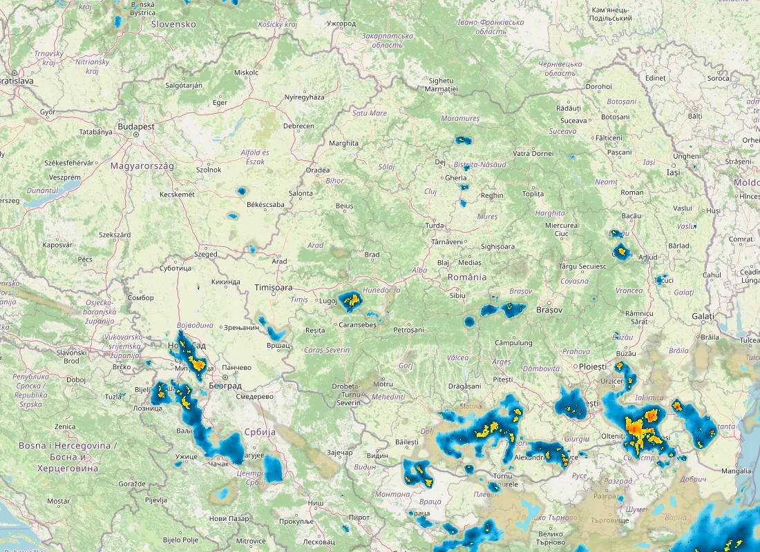 Hartă radar RainViewer cu precipitațiile din România pentru buletinul Meteo agricol România de la ora 21:00.