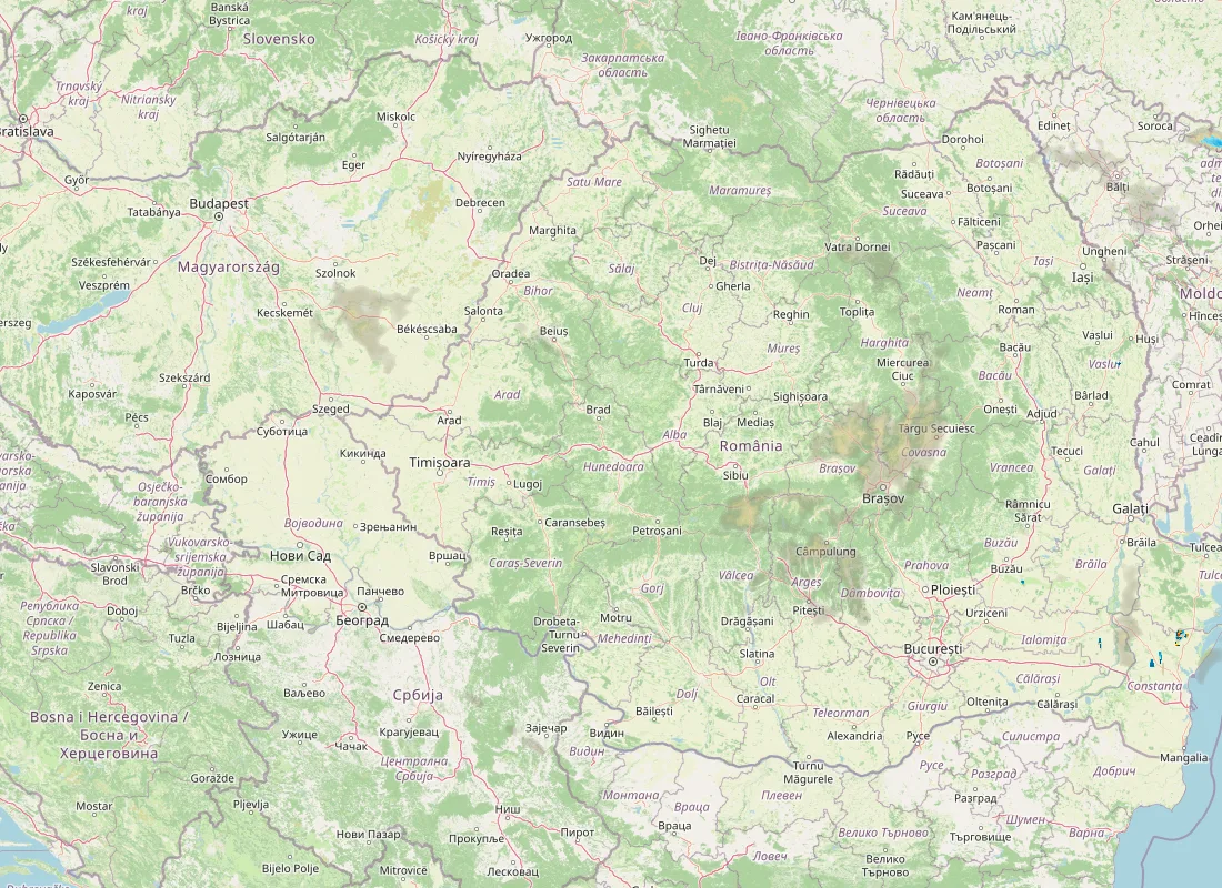 Hartă radar RainViewer cu precipitațiile din România pentru buletinul Meteo agricol România de la ora 05:00.