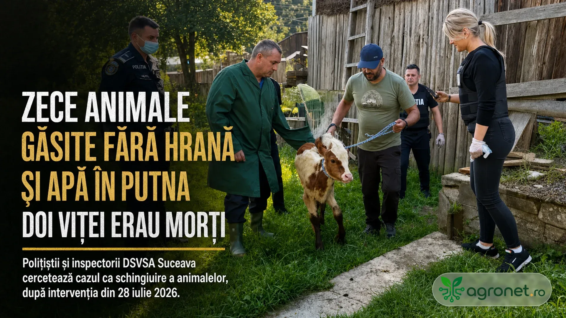 Mai multe persoane, inclusiv un polițist, stau lângă un vițel ținut în lesă, în curtea unei gospodării cu anexă din lemn.