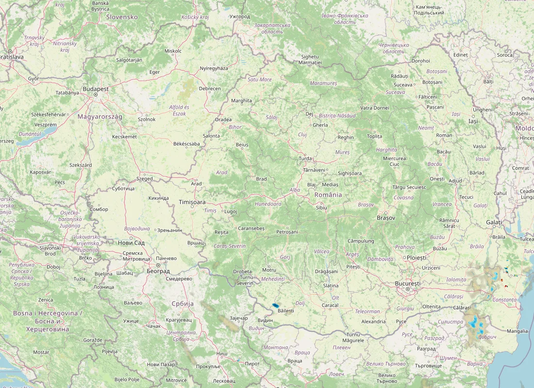 Hartă radar RainViewer cu precipitațiile din România pentru buletinul Meteo agricol România de la ora 21:00.