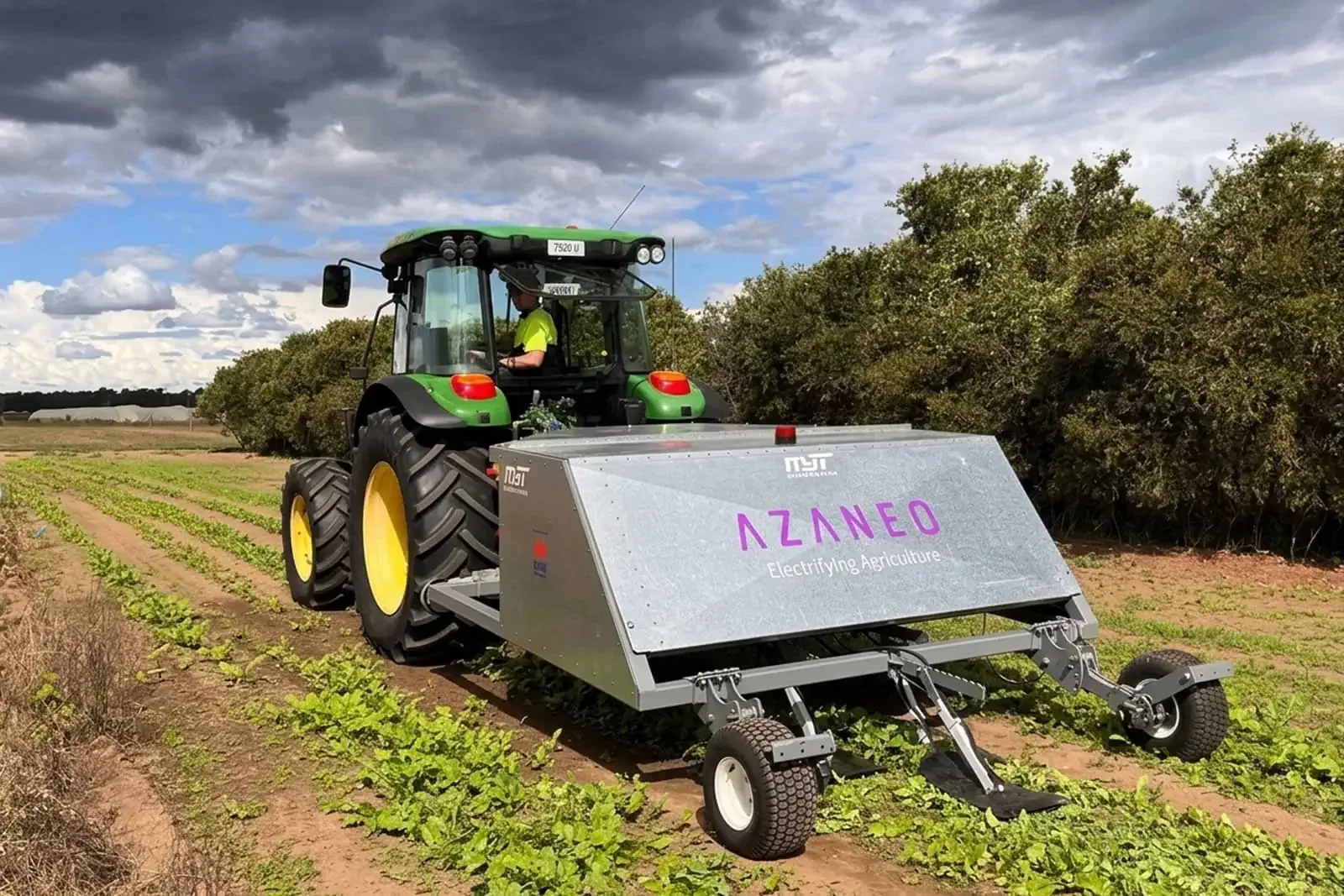 Tractor cu utilaj Azaneo pentru combaterea buruienilor pe rânduri de legume
