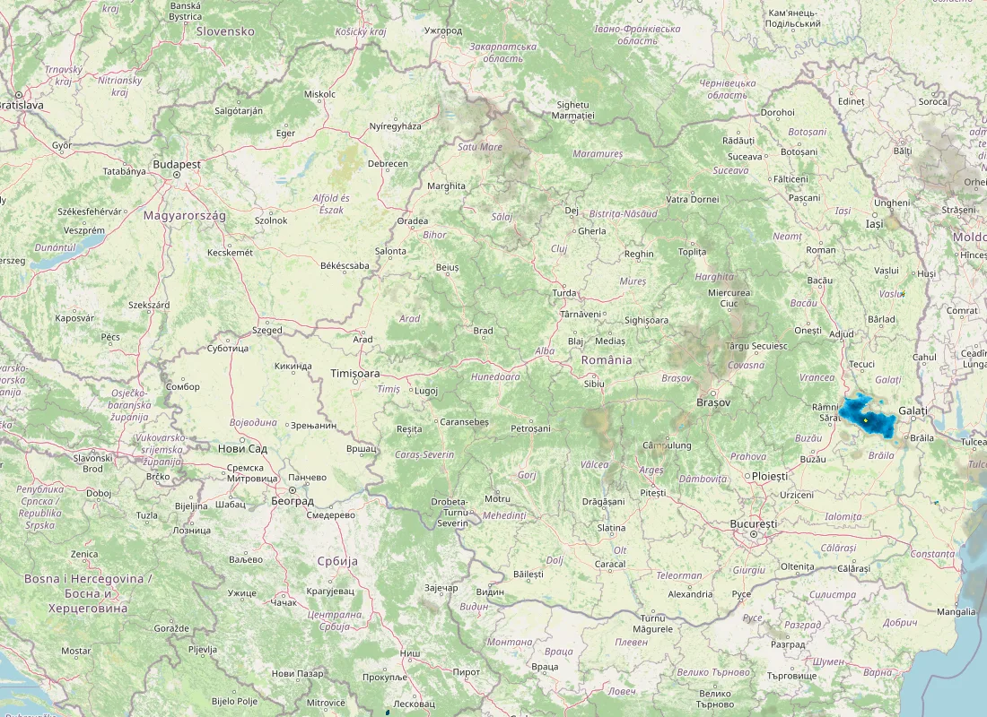 Hartă radar RainViewer cu precipitațiile din România pentru buletinul Meteo agricol România de la ora 05:00.