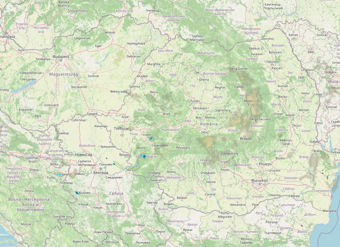 Hartă radar RainViewer cu precipitațiile din România pentru buletinul Meteo agricol România de la ora 05:00.
