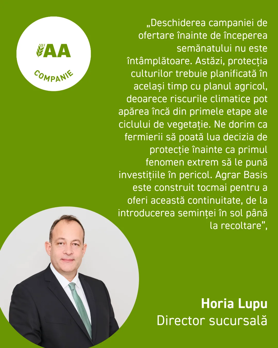 Portretul lui Horia Lupu lângă sigla AA Companie și un citat