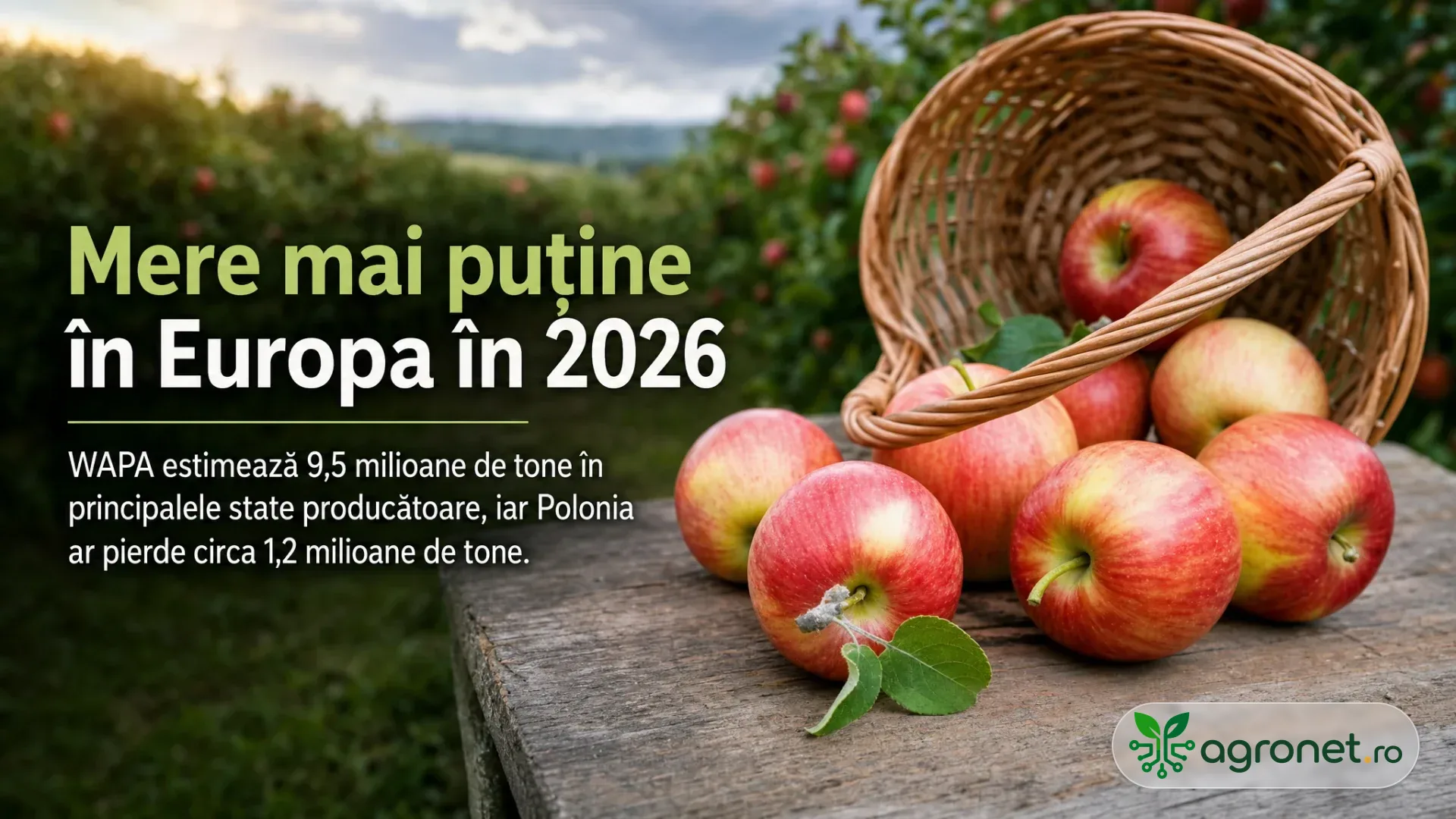 Mere roșii așezate pe o masă de lemn lângă un coș de nuiele, cu o livadă în fundal.