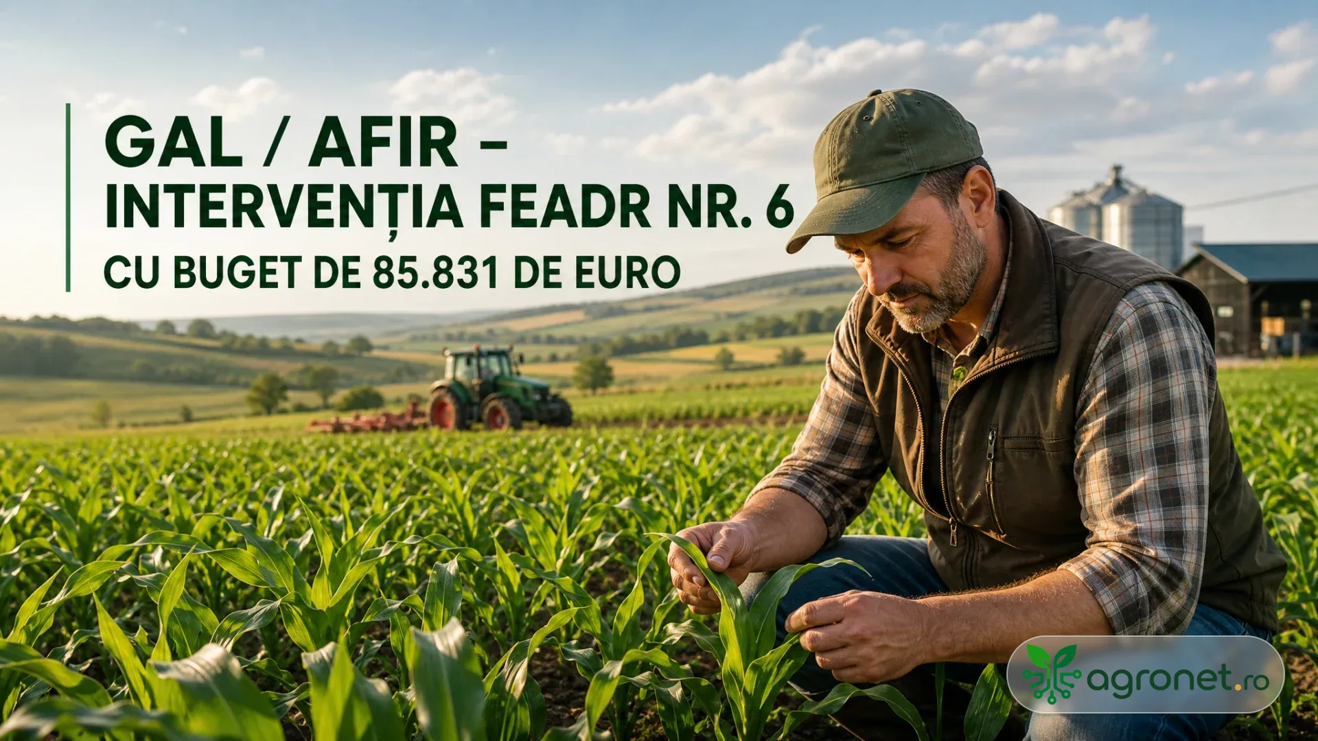 Fermier verificând o cultură agricolă într-o zonă rurală, imagine ilustrativă pentru investiții agricole locale