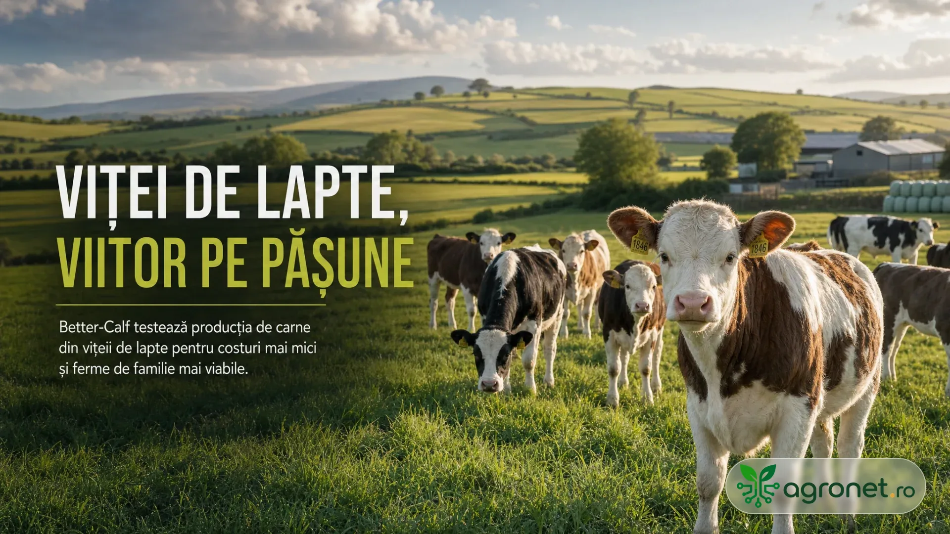 Grup de viței pe o pășune verde, cu ferme și dealuri în fundal.