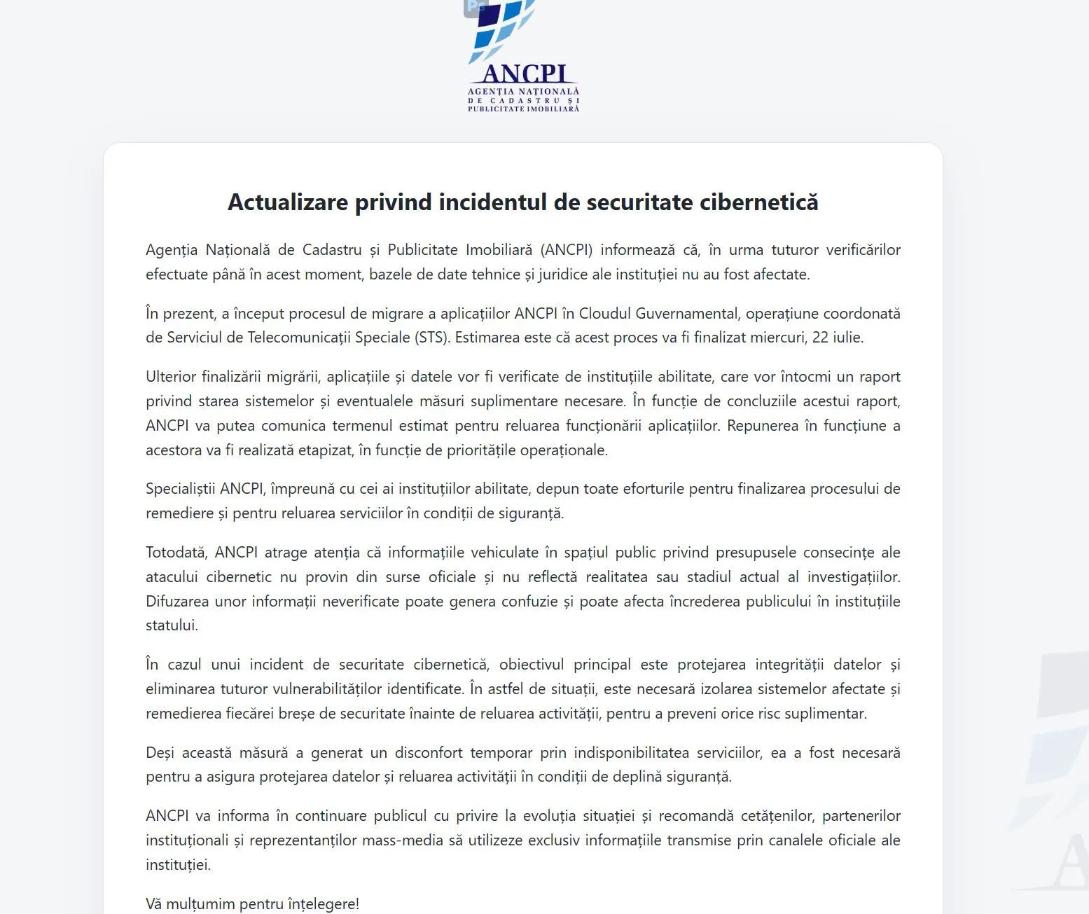 Comunicat ANCPI despre actualizarea incidentului de securitate cibernetică