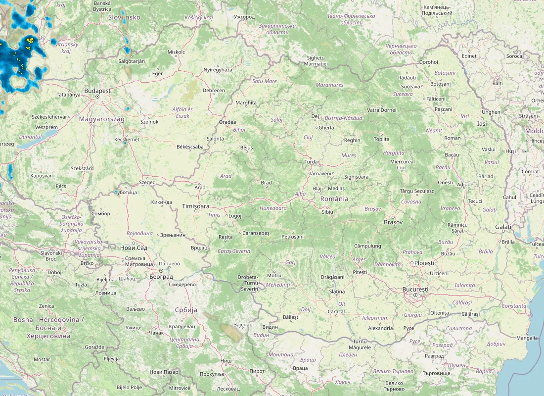 Hartă radar RainViewer cu precipitațiile din România pentru buletinul Meteo agricol România de la ora 12:00.