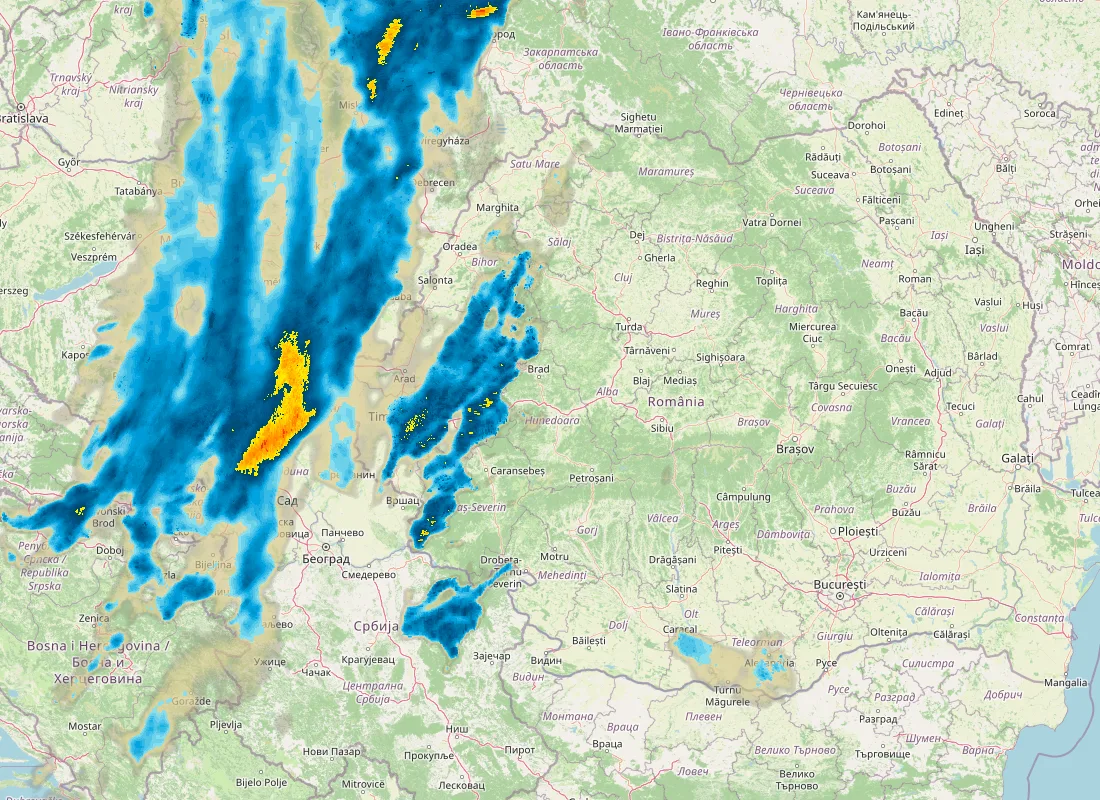 Hartă radar RainViewer cu precipitațiile din România pentru buletinul Meteo agricol România de la ora 05:00.