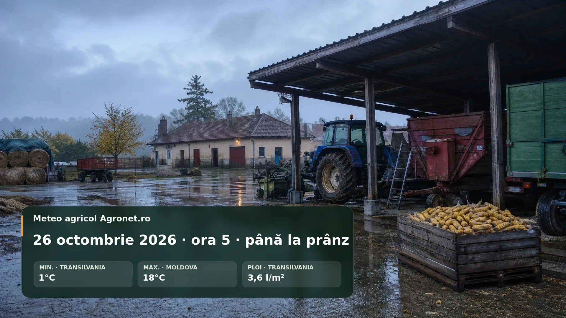 Utilaj agricol pe teren de toamnă, în condiții de cer înnorat și umezeală matinală