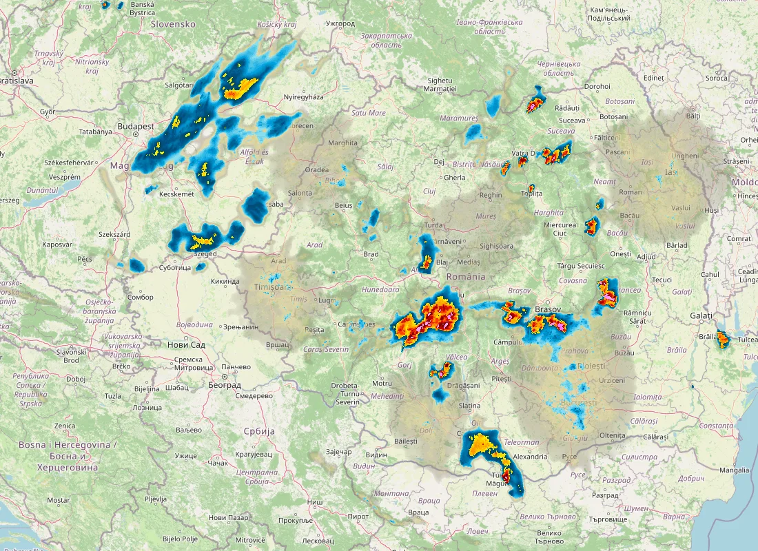 Hartă radar RainViewer cu precipitațiile din România pentru buletinul Meteo agricol România de la ora 12:00.