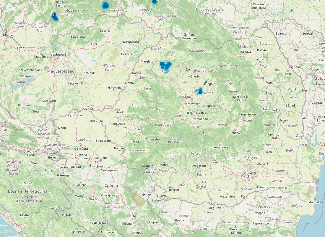Hartă radar RainViewer cu precipitațiile din România pentru buletinul Meteo agricol România de la ora 21:00.