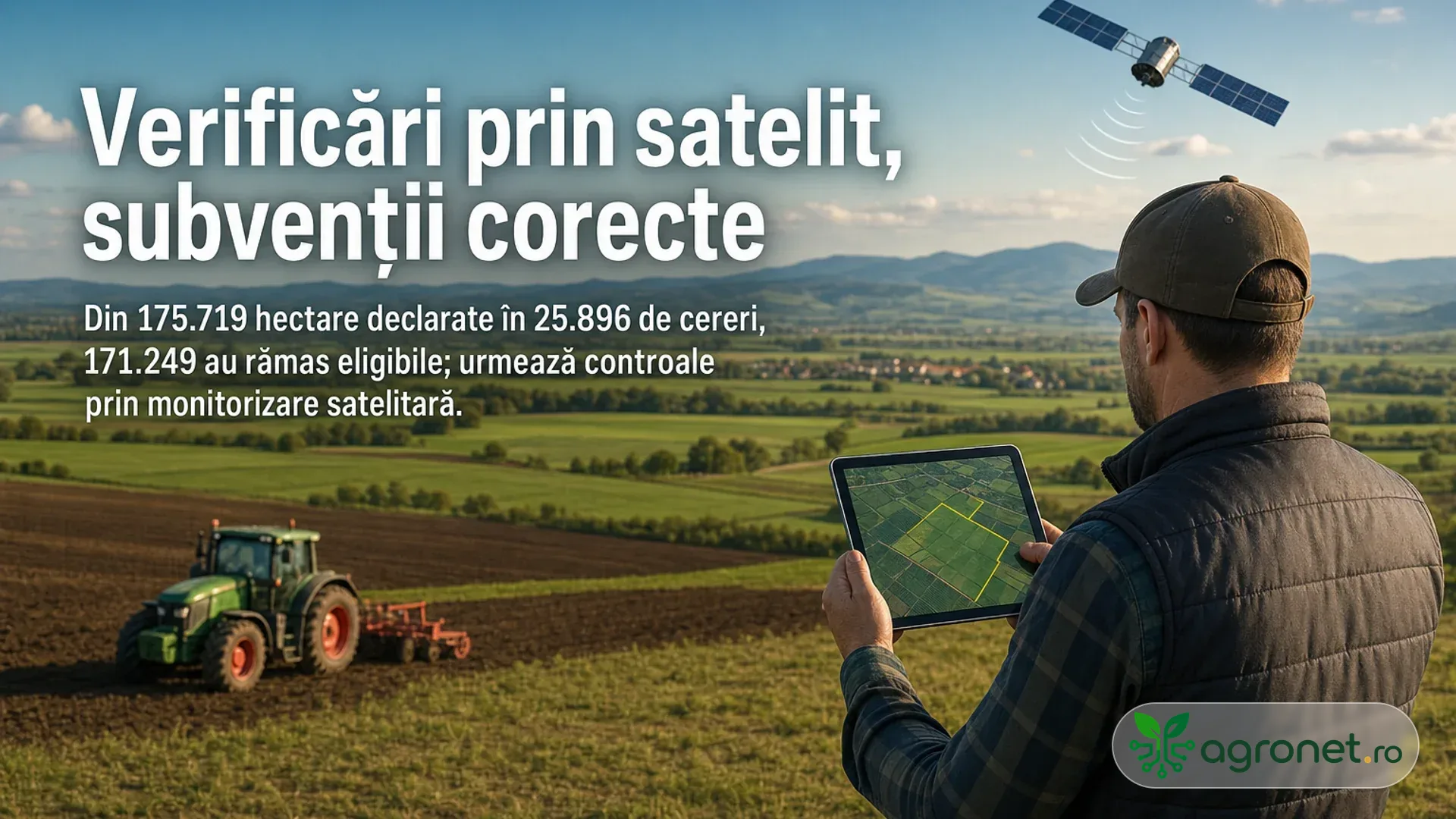 Fermier cu tabletă pe un deal, privind terenuri agricole lucrate cu tractorul, cu un satelit reprezentat pe cer.