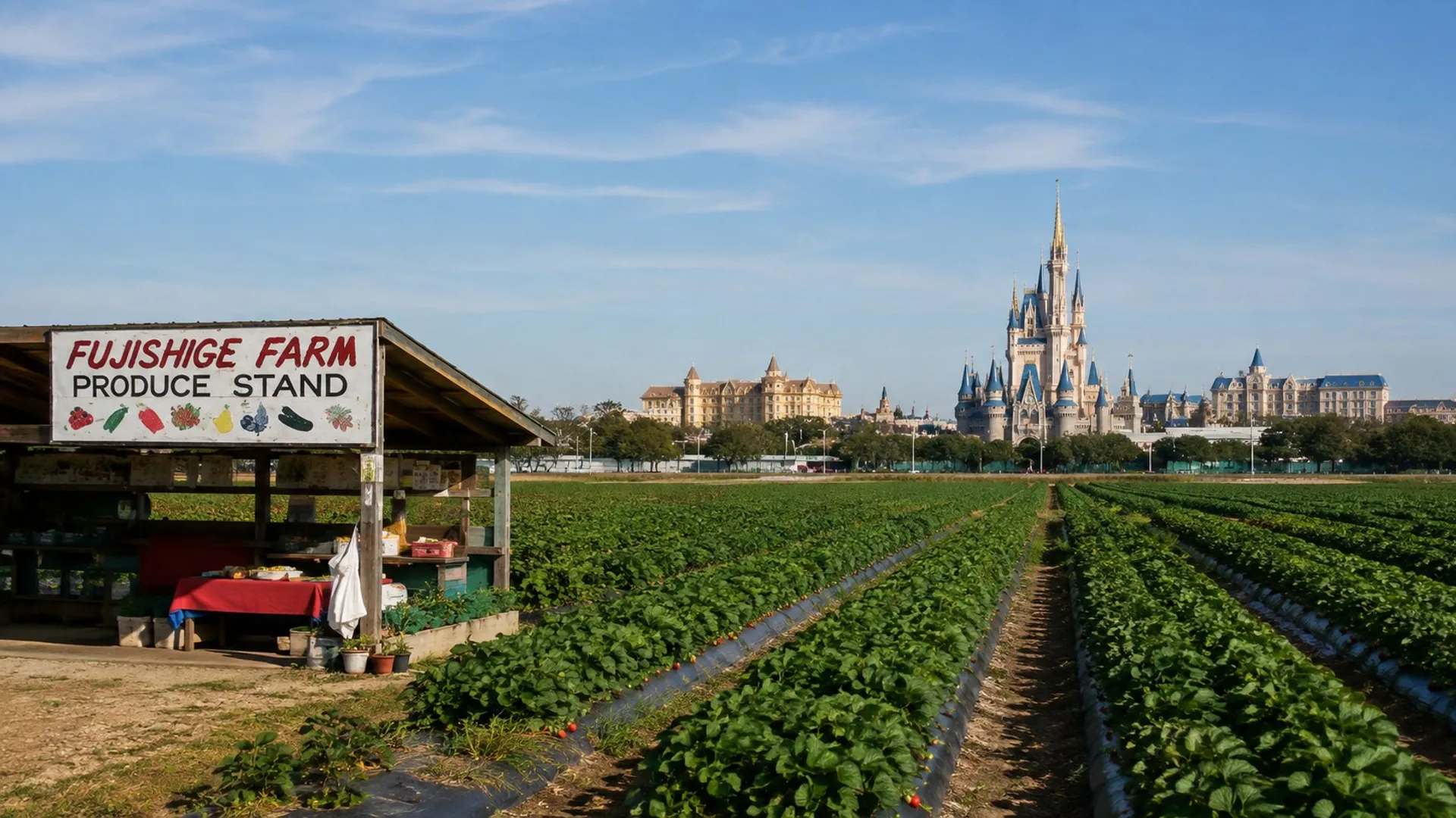 Rânduri de căpșuni cultivate se întind lângă un stand agricol, cu un castel de parc tematic în fundal.